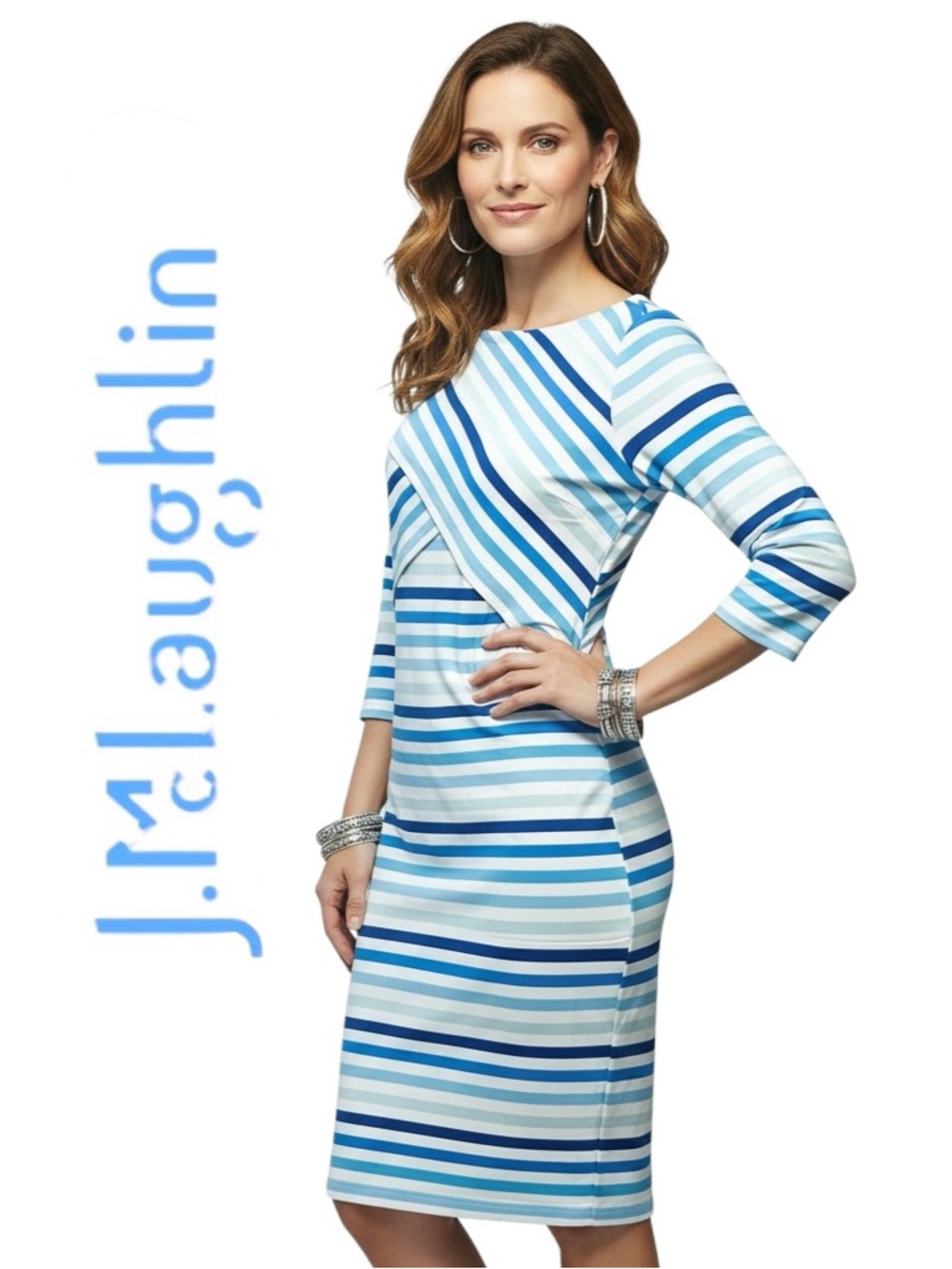 J. McLaughlin Dress Catalina Cloth Aqua Stripes Boat Neck Layers Pullover Sz M